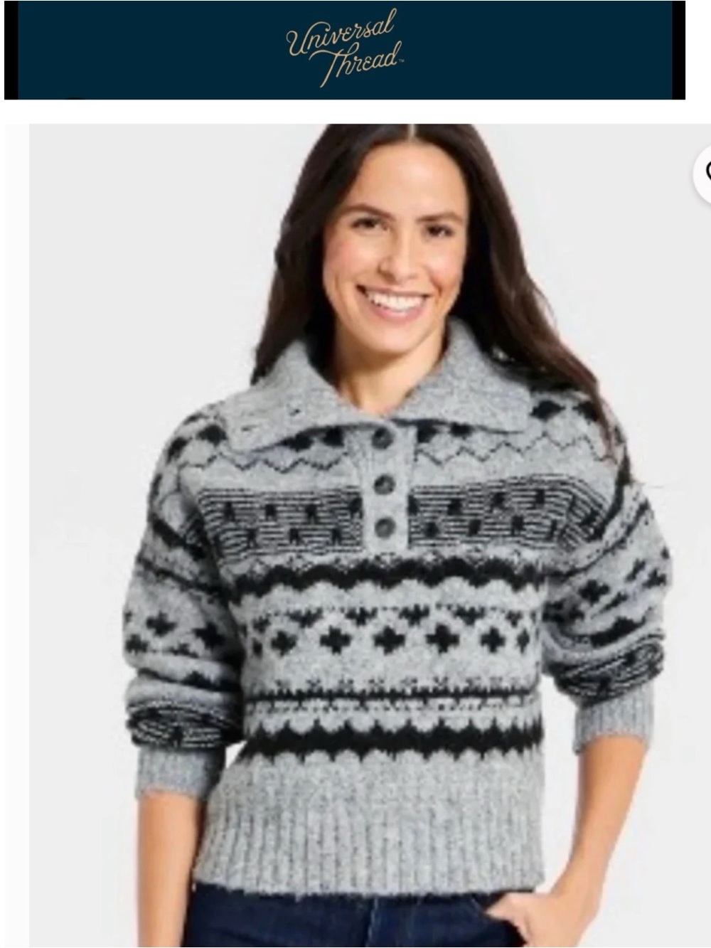 5/$30 Universal Thread Gray Fair Isle Button-Placket Turtleneck Sweater NWT XL